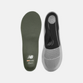 New Balance Flex Cushion Insoles in green and black with Shock Absorbing SUPERFEEL technology, top view showing textured surface and tread design.