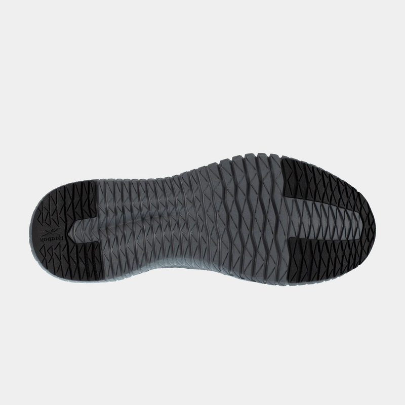 Reebok Work Flexagon 3.0 outsole in gray and black with textured tread pattern and flex grooves for enhanced grip and flexibility.