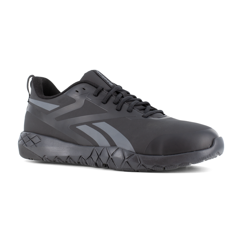 Reebok Work Flexagon Force XL Work shoes in black with a sleek design, durable upper, and textured outsole, side view.