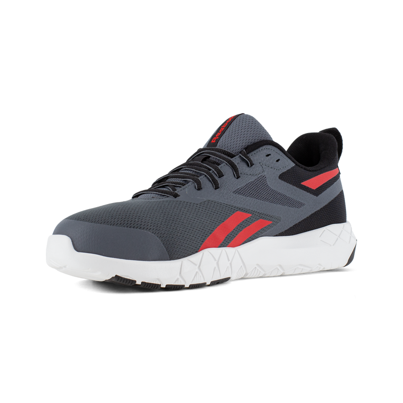 Reebok Work Flexagon Force XL Work shoes in gray with black and red accents, featuring a mesh upper and white textured outsole, angled front view.