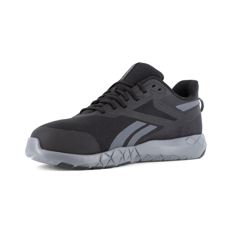Reebok Work Flexagon Force XL Work shoes in black with gray accents, breathable mesh upper, and cushioned sole, front-side view.