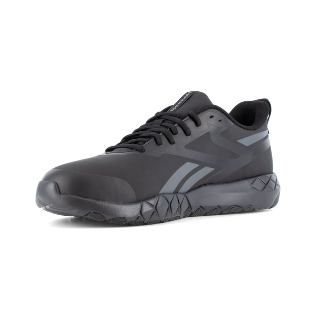 Reebok Work Flexagon Force XL Work shoes in black with gray accents, featuring a durable upper and flexible outsole, angled front-side view.