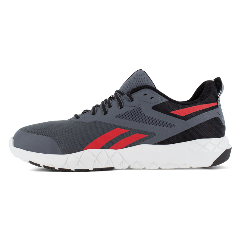 Reebok Work Flexagon Force XL Work shoes in gray and black with red accents and white cushioned outsole, side view.