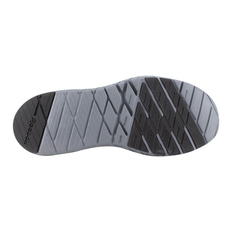 Reebok Work Flexagon Force XL Work shoe outsole in gray with black tread pattern and flex grooves for enhanced grip and flexibility, sole view.