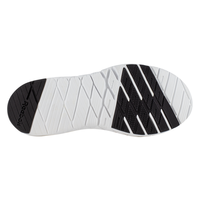 Reebok Work Flexagon Force XL Work outsole in white and black with diamond-patterned grooves for enhanced traction, sole view.
