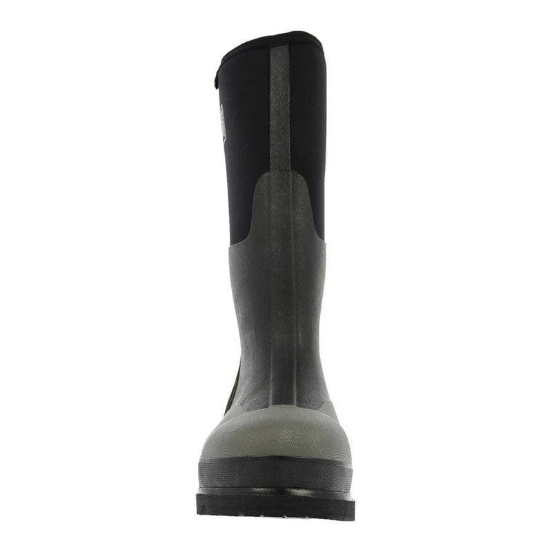 Bogs Forge Steel Toe work boots in black and gray with rugged rubber construction and tall shaft, front view.