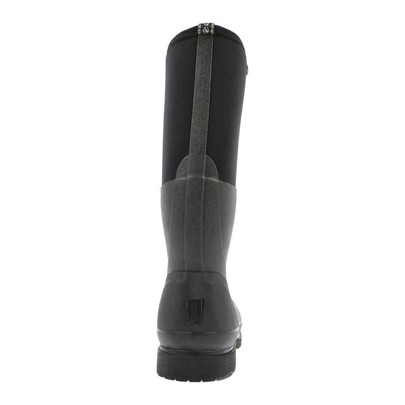 Bogs Forge Steel Toe work boots in black and gray with reinforced heel and tall shaft, back view showing pull tab.