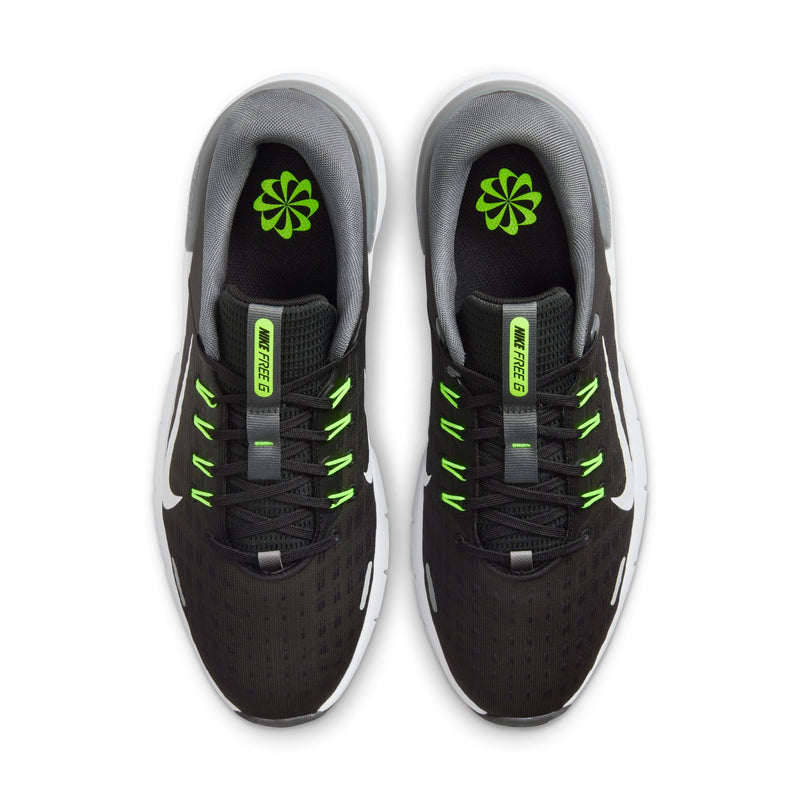 Nike Free Golf Next Nature golf shoes top view, black mesh upper with neon green laces, gray inner lining, and white accents.