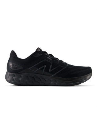 New Balance Fresh Foam 680v8 running shoes in black with mesh upper and cushioned midsole, side view.
