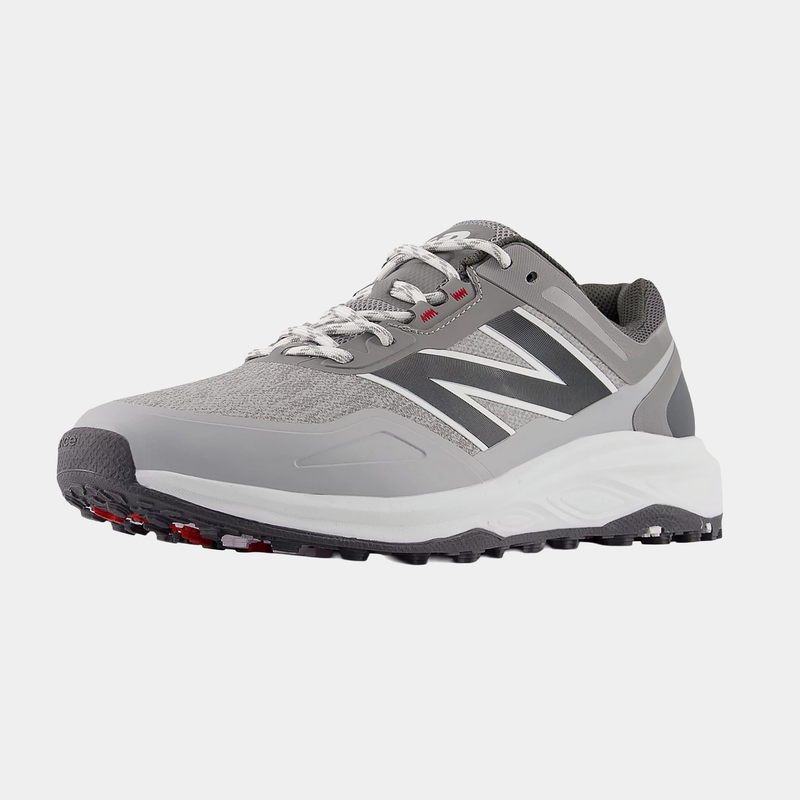 New Balance Golf Fresh Foam Contend v3 golf shoes in gray with mesh upper, white accents, and durable spiked outsole, front side view.