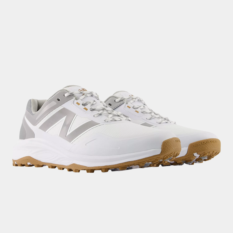 New Balance Golf Fresh Foam Contend v3 golf shoes in white and gray with gum outsole and spikeless traction, front angle.
