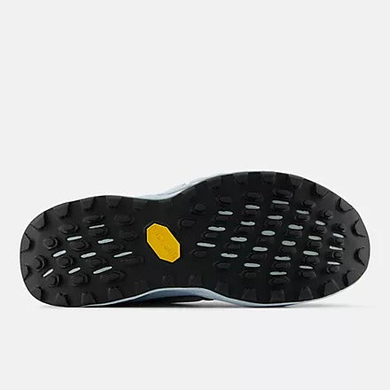 New Balance Fresh Foam Hierro v8 trail running shoes outsole with Vibram Megagrip rubber and multi-directional lugs in black, sole/bottom view.