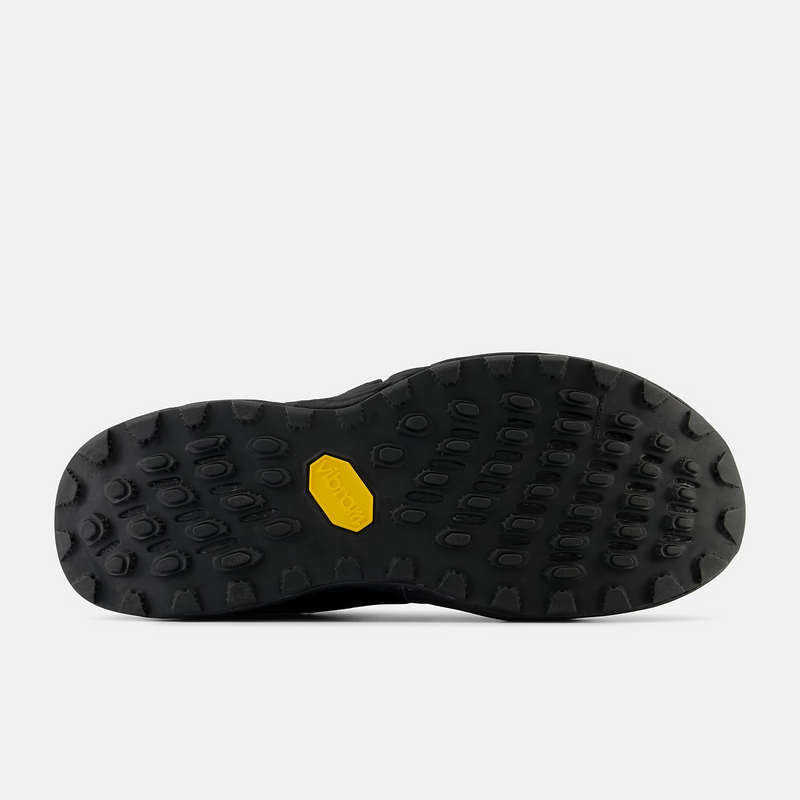 New Balance Fresh Foam Hierro v8 trail running shoes outsole with Vibram rubber traction in black, bottom view showing lug pattern.
