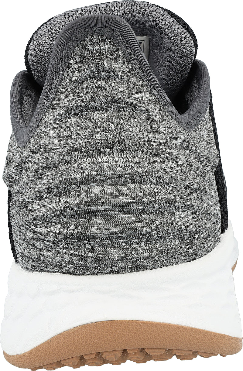 New Balance Golf Fresh Foam ROAV Golf shoes back view showing knit gray upper, padded heel collar, white midsole, and gum outsole.