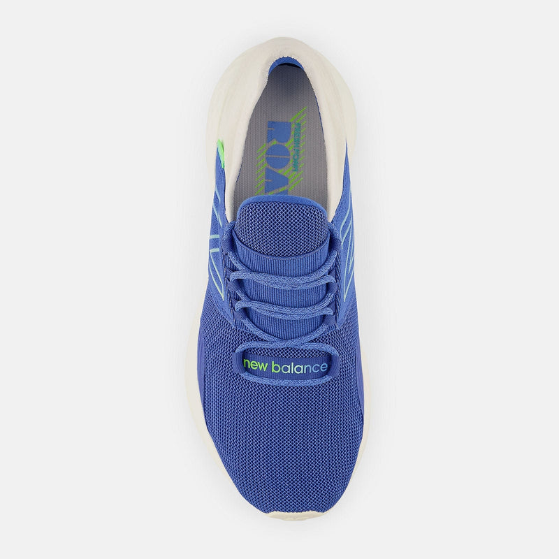 New Balance Fresh Foam Roav running shoes with blue mesh upper, green accents, and lace-up closure, top view.