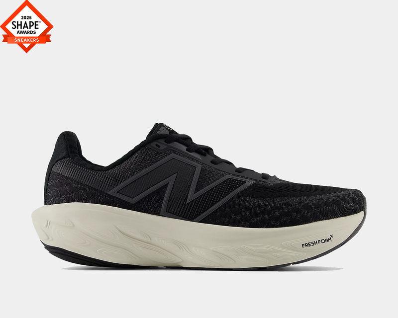 New Balance Fresh Foam X 1080v14 running shoes in black with breathable mesh upper and cushioned white Fresh Foam midsole, side view.