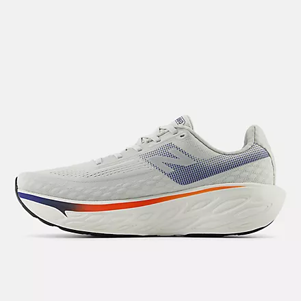New Balance Fresh Foam X 1080v14 running shoes in gray with blue accents, breathable mesh upper, and cushioned midsole, side view.