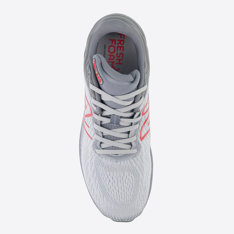 New Balance Fresh Foam X 840v1 running shoes in gray with red accents, mesh upper and lace system, top view.