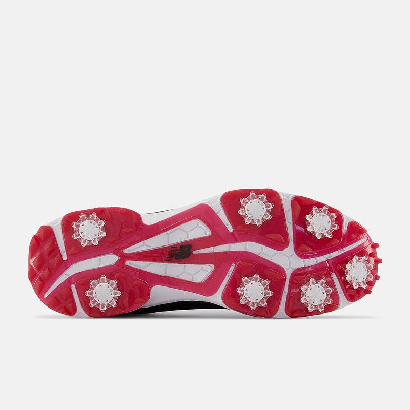 New Balance Golf Fresh Foam X Defender golf shoe outsole view with red and white spike design for enhanced traction.
