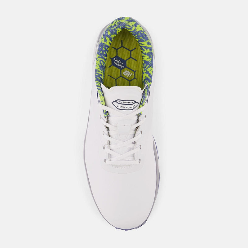 New Balance Golf Fresh Foam X Defender golf shoe in white with green and blue patterned interior, top view showing lace-up design.