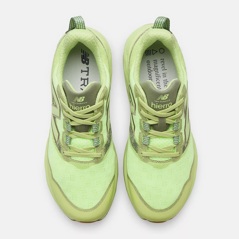 New Balance Fresh Foam X Hierro v9 trail running shoes in light green with breathable mesh upper and reinforced overlays, top view.