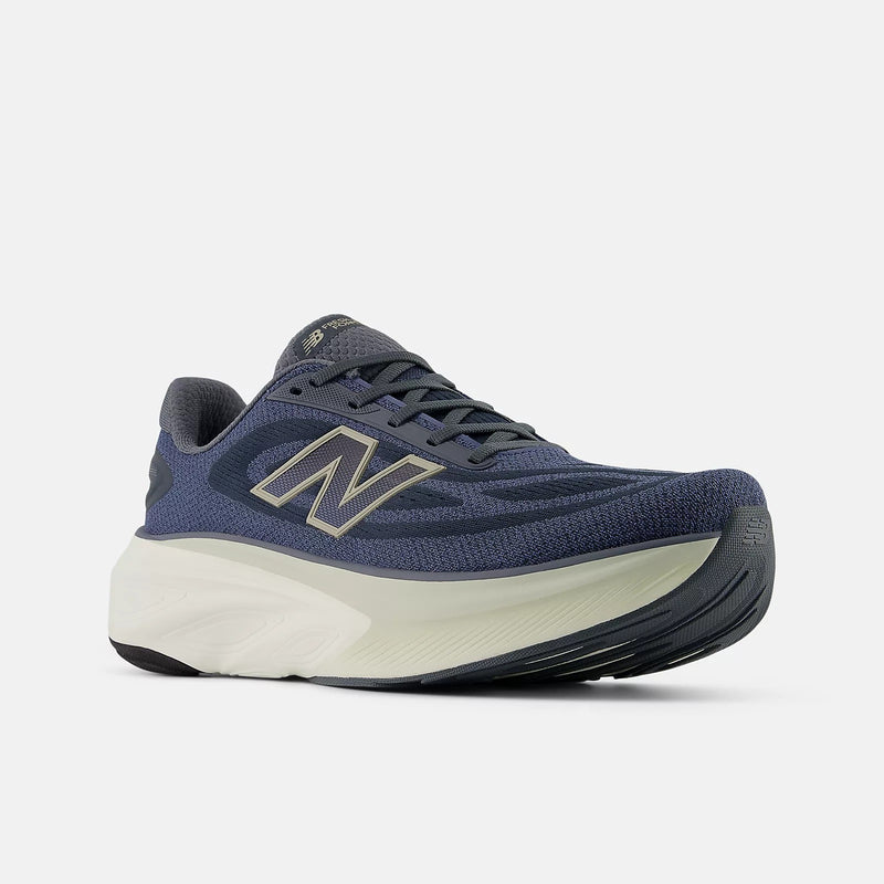 New Balance Fresh Foam X More v6 running shoes in navy with breathable mesh upper, cushioned midsole, and rubber outsole, front side view.