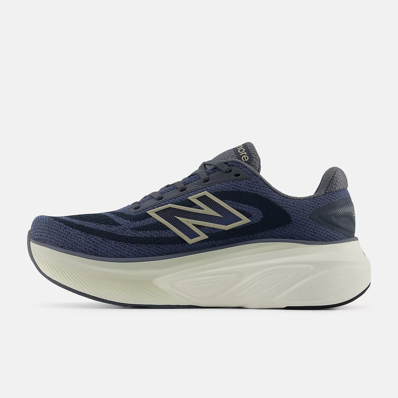 New Balance Fresh Foam X More v6 running shoes in navy and gray with breathable mesh upper and cushioned midsole, side view.