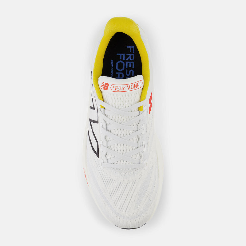 New Balance Fresh Foam X Vongo v6 running shoes in white with yellow collar, breathable mesh upper, and lace-up design, top view.