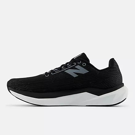 New Balance FuelCell Propel v5 running shoes in black with lightweight mesh upper and cushioned white midsole, side view.