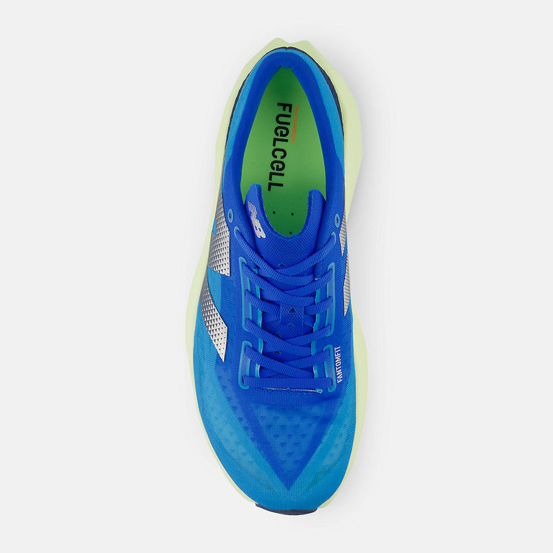 New Balance FuelCell Rebel v4 running shoes top view featuring blue mesh upper, silver detailing, and FuelCell branding.