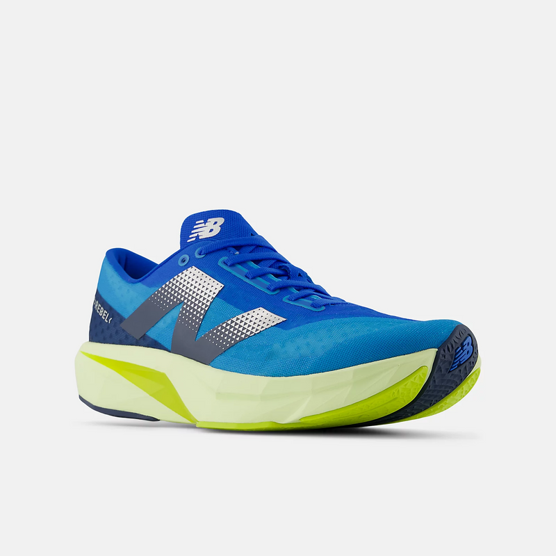 New Balance FuelCell Rebel v4 running shoes in vibrant blue with a mesh upper, lime green cushioned midsole, and gray logo, front-side view.