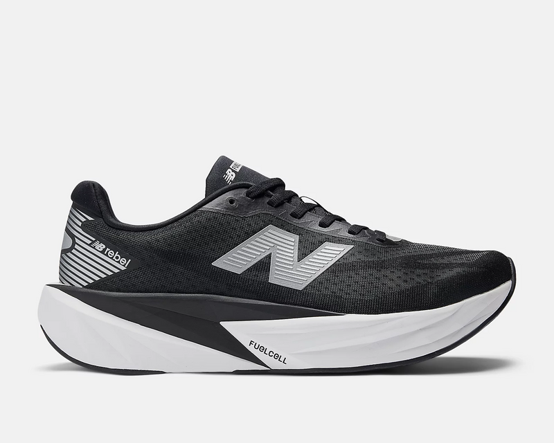 New Balance FuelCell Rebel v5 running shoes in black with white and gray accents, featuring a lightweight mesh upper and FuelCell midsole, side view.