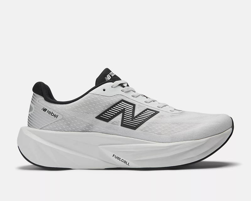 New Balance FuelCell Rebel v5 running shoes in white and black with lightweight mesh upper and responsive midsole, side view.