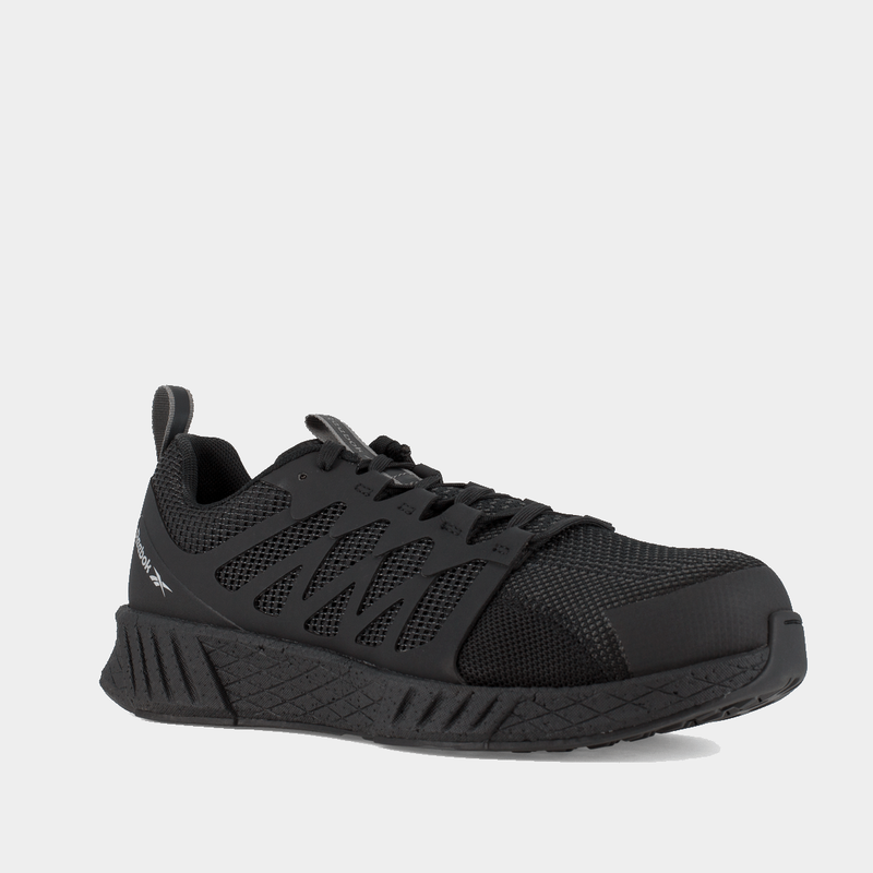 Reebok Work Fushion Flexweave™ Work shoes in black with Flexweave mesh upper and slip-resistant outsole, angled side view.