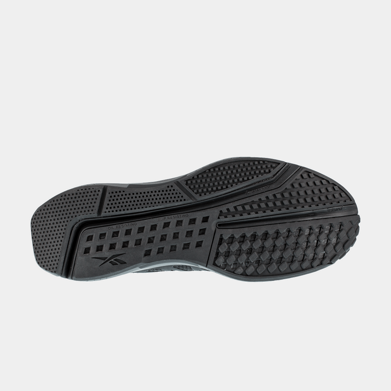 Reebok Work Fushion Flexweave™ Work shoe outsole, black slip-resistant rubber with textured grip pattern, sole/bottom view.