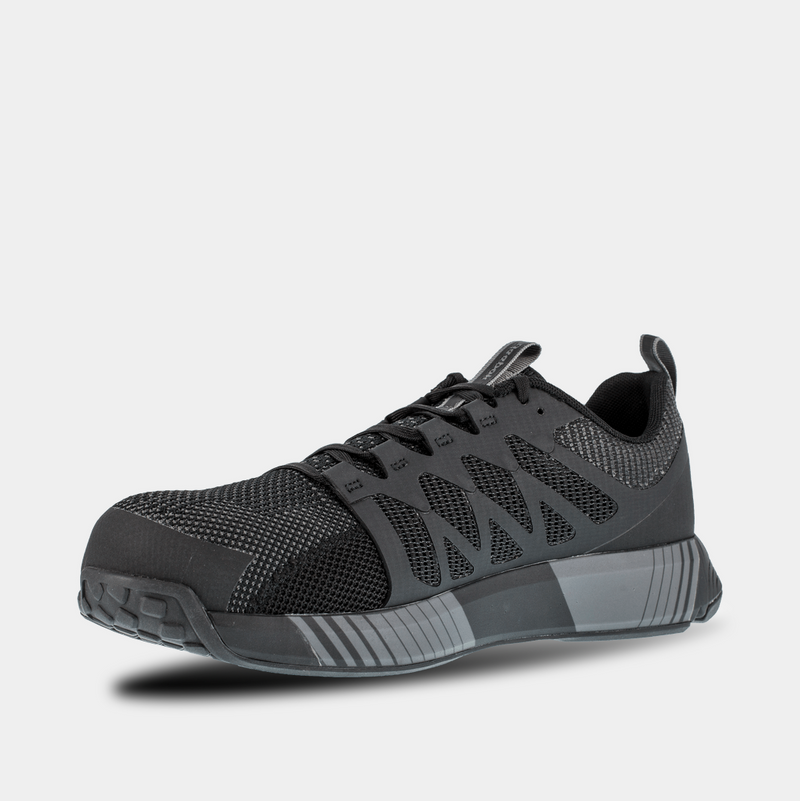 Reebok Work Fushion Flexweave™ Work shoes in black, featuring Flexweave mesh upper, composite toe, and slip-resistant outsole, front-side view.
