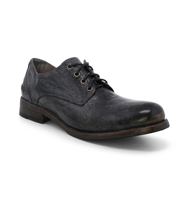 Bed Stu Galao shoes in distressed black leather with lace-up closure and low stacked heel, front side angle.