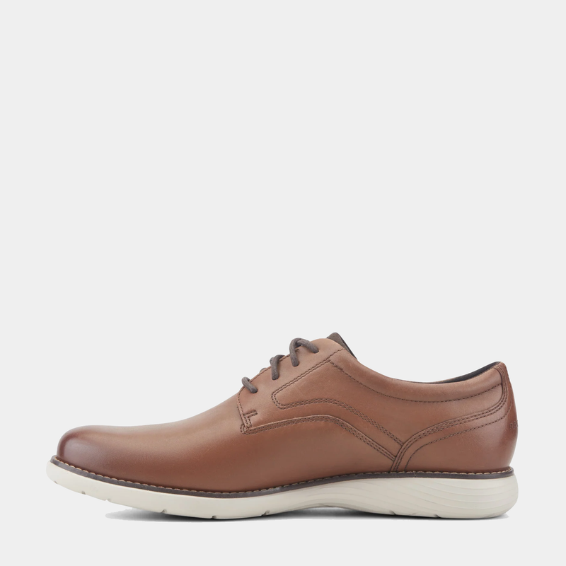 Rockport Garett Plain Toe shoes in tan brown leather with contrast stitching and white outsole, side view.