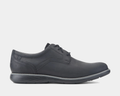 Rockport Garett Plain Toe shoes in matte black leather with tonal stitching and lightweight sole, side view.