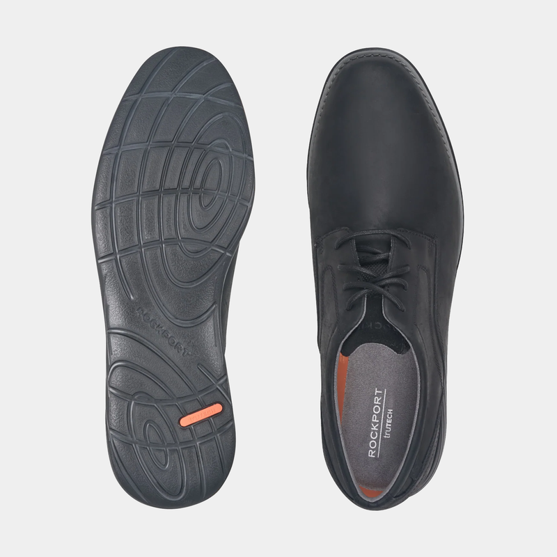 Rockport Garett Plain Toe dress shoes in black leather with cushioned insole and durable rubber outsole, top view and sole view.