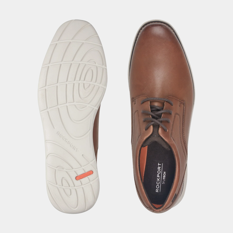 Rockport Garett Plain Toe shoes top view in brown leather with contrast stitching and lightweight white sole detailing.