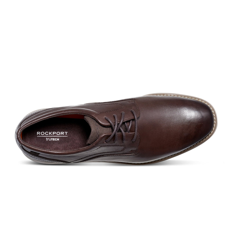 Rockport Garett Plain Toe shoes in dark brown leather with tonal stitching, lace-up closure, and TruTECH insole, top view.