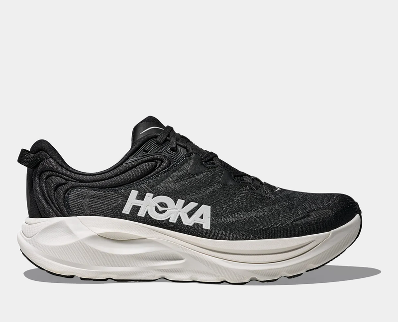 HOKA Gaviota 6 running shoes in black with a white oversized midsole, engineered mesh upper, and logo detailing, side view.