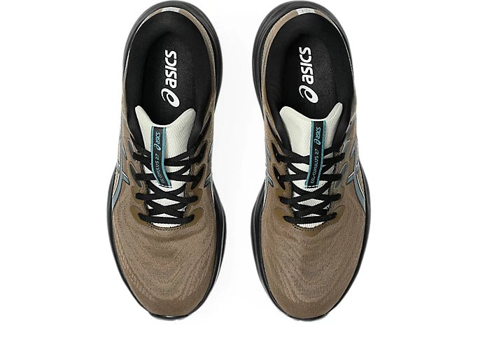 Asics Gel-Cumulus 27 GTX running shoes top view in tan and black with breathable mesh upper and waterproof Gore-Tex lining.