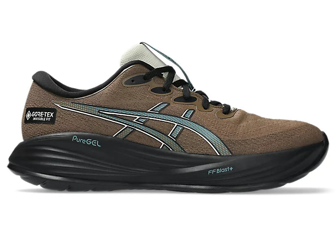 Asics Gel-Cumulus 27 GTX running shoes in brown with Gore-Tex Invisible Fit upper, PureGEL technology, and FF Blast+ cushioning, side view.