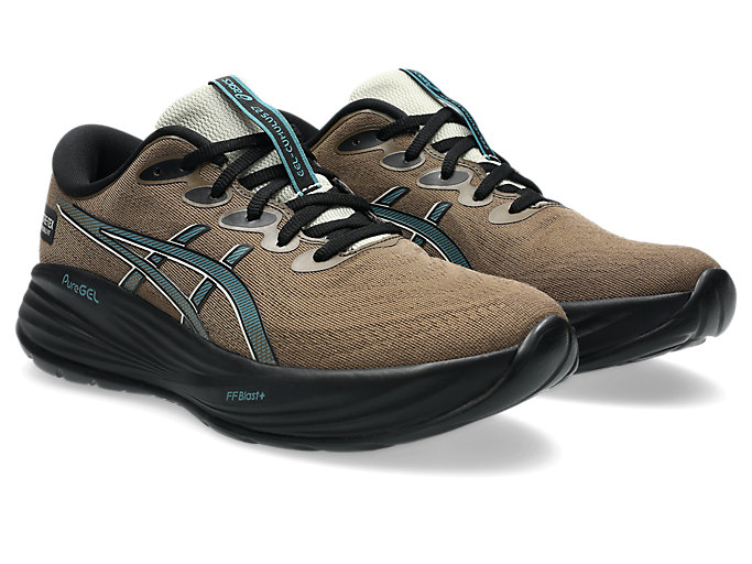Asics Gel-Cumulus 27 GTX running shoes in brown with teal accents, Gore-Tex upper, and FF Blast+ cushioning, angled front view.