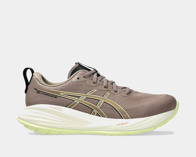 A pair of ASICS Gel-Cumulus 27 running shoes with a neutral color palette, featuring yellow accents and a lace-up closure.