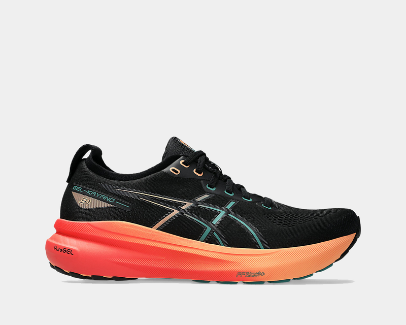 Asics Gel-Kayano 31 running shoes in black with teal and orange accents, featuring a PureGEL midsole and FF BLAST+ cushioning, side view.