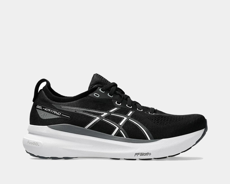 Asics Gel-Kayano 31 running shoes in black with white and gray accents, featuring mesh upper and FF BLAST+ cushioning, side view.
