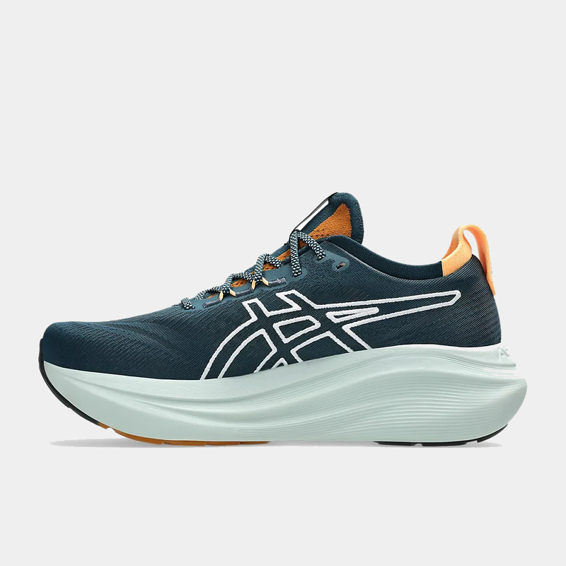 Asics GEL-Nimbus 27 TR running shoes in dark teal with white logo accents, cushioned midsole, and orange heel detail, side view.